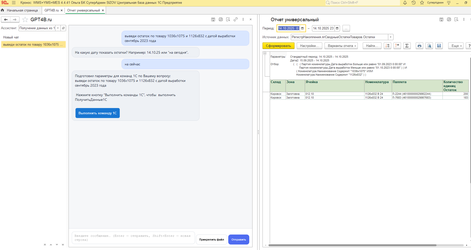Пример в GPT4B получения данных из 1С по запросу пользователя 